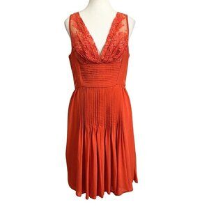 ELIE SAAB ORANGE SILK BLEND SLEEVELESS LACE PLEATED MIDI A-LINE DRESS - 8 (40)